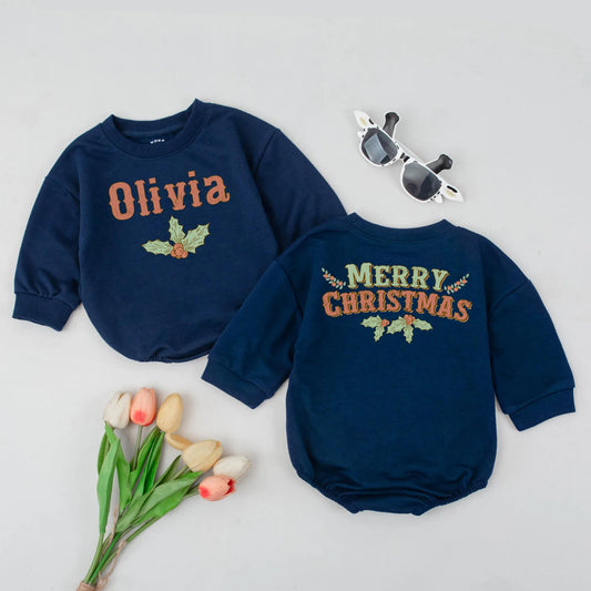 Personalized Retro Christmas Romper, Olivia or Merry Christmas Bodysuit, Custom Vintage Style Holiday Outfit, Baby's First Xmas Gift Set, Soft Cotton (139 chars)
