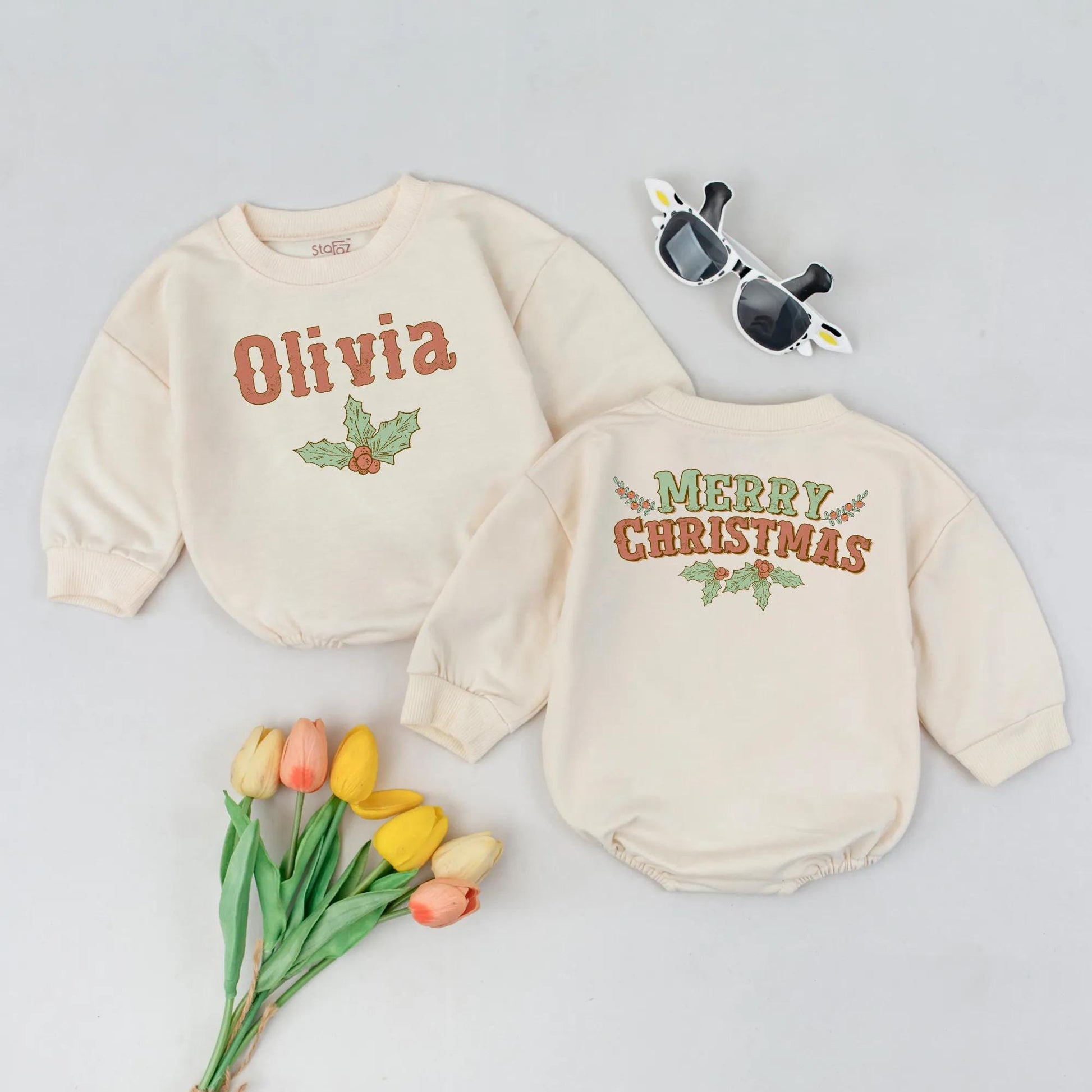 Personalized Retro Christmas Romper, Olivia or Merry Christmas Bodysuit, Custom Vintage Style Holiday Outfit, Baby's First Xmas Gift Set, Soft Cotton (139 chars)