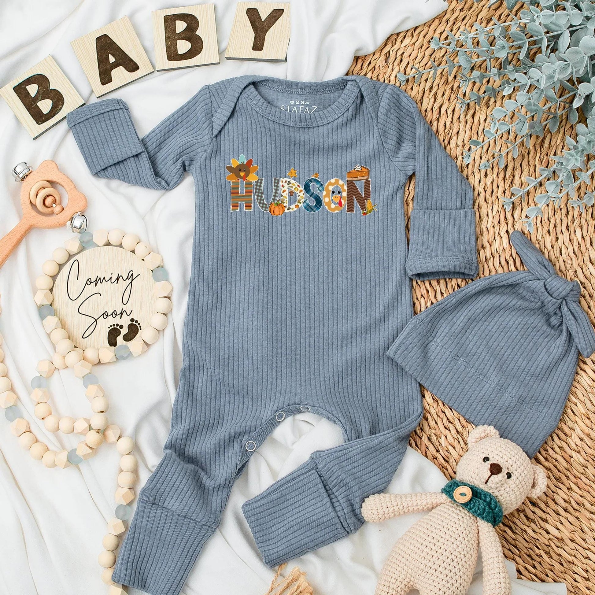 Hudson Personalized Thanksgiving Baby Bodysuit, Little Turkey Fall Outfit, First Thanksgiving, Autumn Leaves, Pumpkin Pie Baby Shower Gift