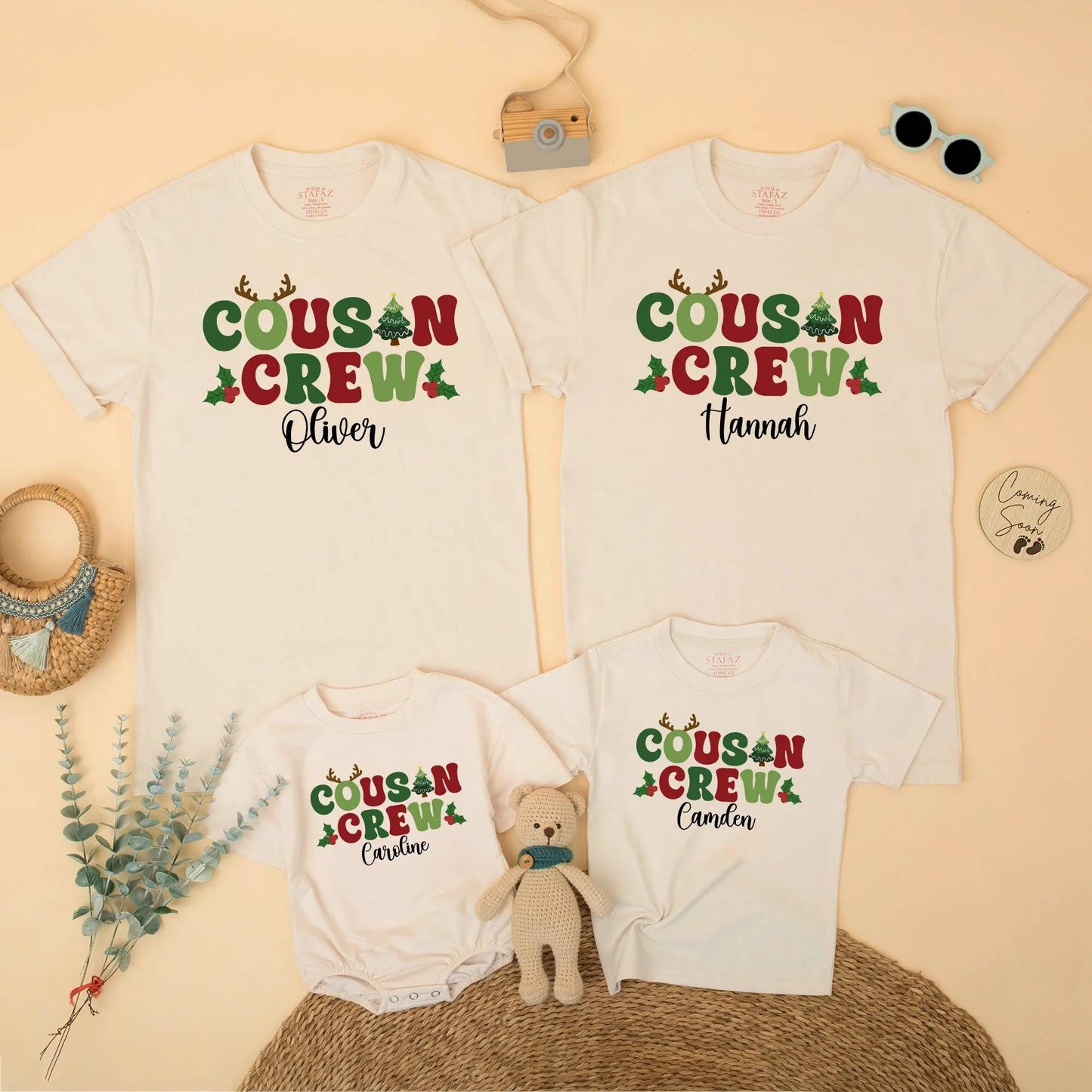 Personalized Christmas Cousin Crew Matching Family Holiday Shirt with Name Antlers Holly Berries Green Red Toddler Kids Festive Gathering T-shirt