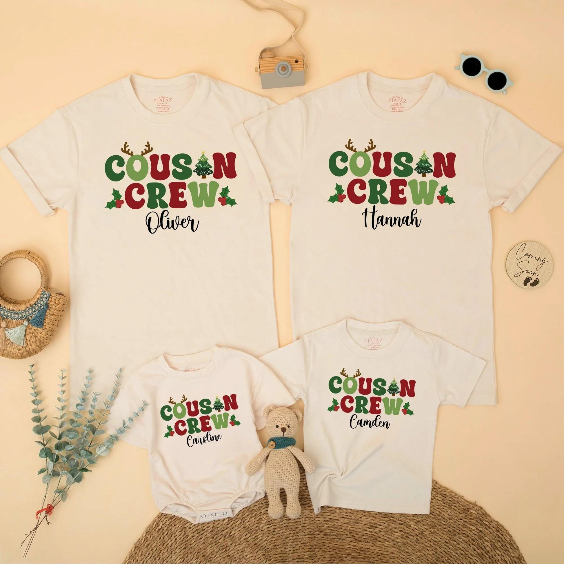 Personalized Christmas Cousin Crew Matching Family Holiday Shirt with Name Antlers Holly Berries Green Red Toddler Kids Festive Gathering T-shirt