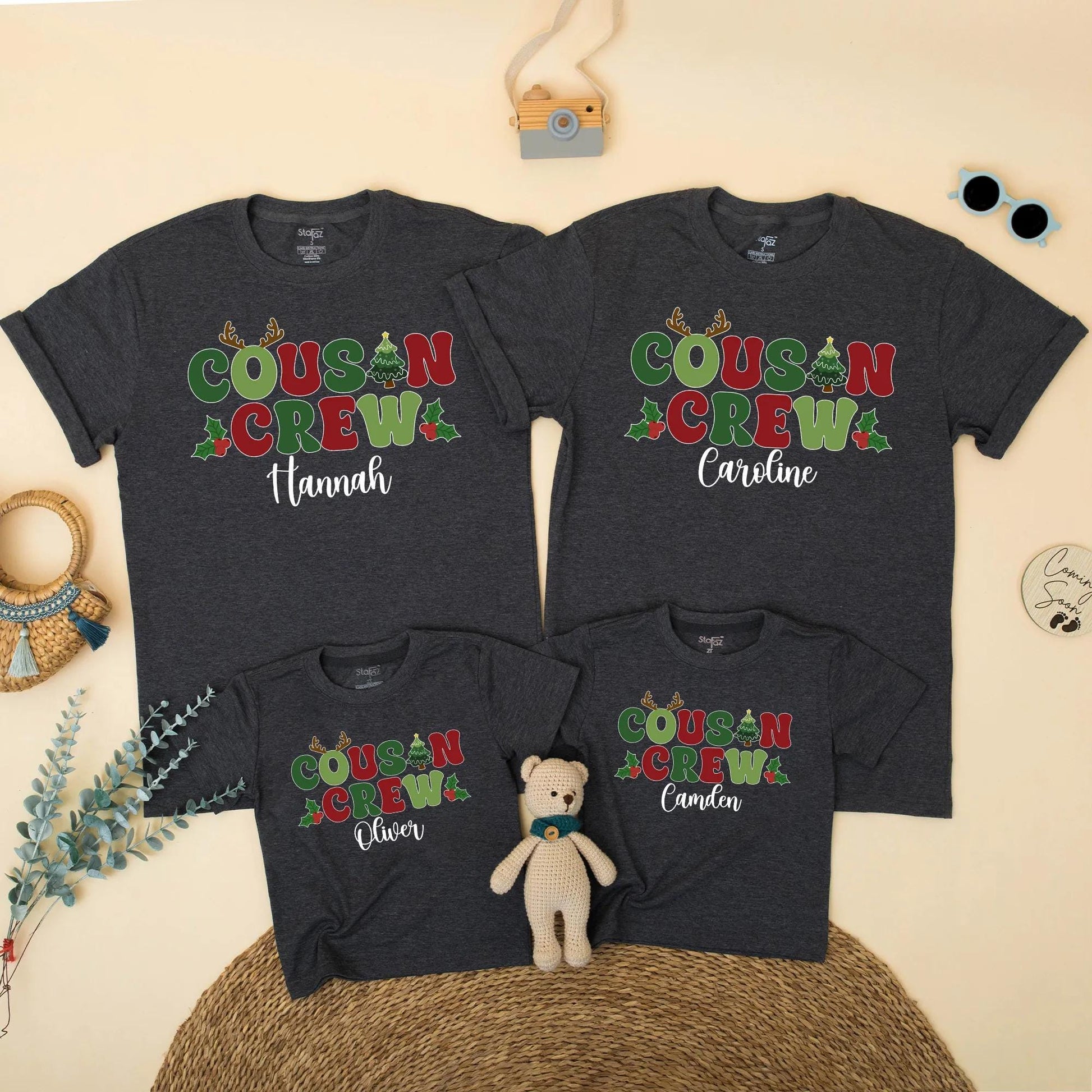 Personalized Christmas Cousin Crew Matching Family Holiday Shirt with Name Antlers Holly Berries Green Red Toddler Kids Festive Gathering T-shirt