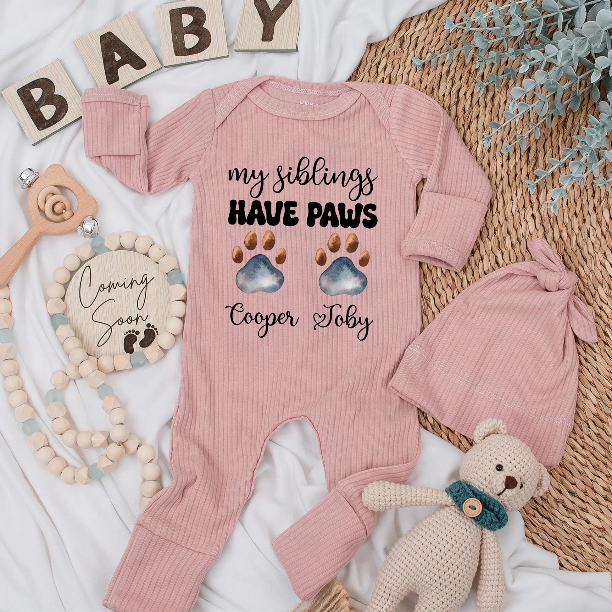 My Siblings Have Paws Baby Bodysuit: Custom Dog Name Outfit, Newborn Clothes, Paw Prints, Cooper & Toby Heart, Baby Shower Gift for Pet Lovers