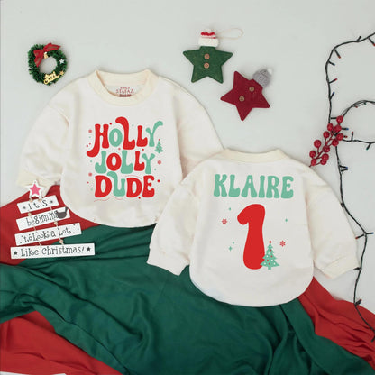 Personalized Holly Jolly Dude 1st Christmas Romper Outfit for Baby Boy, Custom Name Holiday Bodysuit, Xmas Gift, Newborn