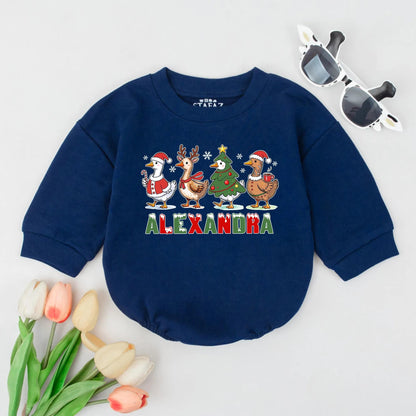 Personalized Christmas Goose Baby Romper with Name Cute Festive Winter Outfit First Xmas Bodysuit Gift featuring Santa Reindeer Tree Snowflakes for Infants