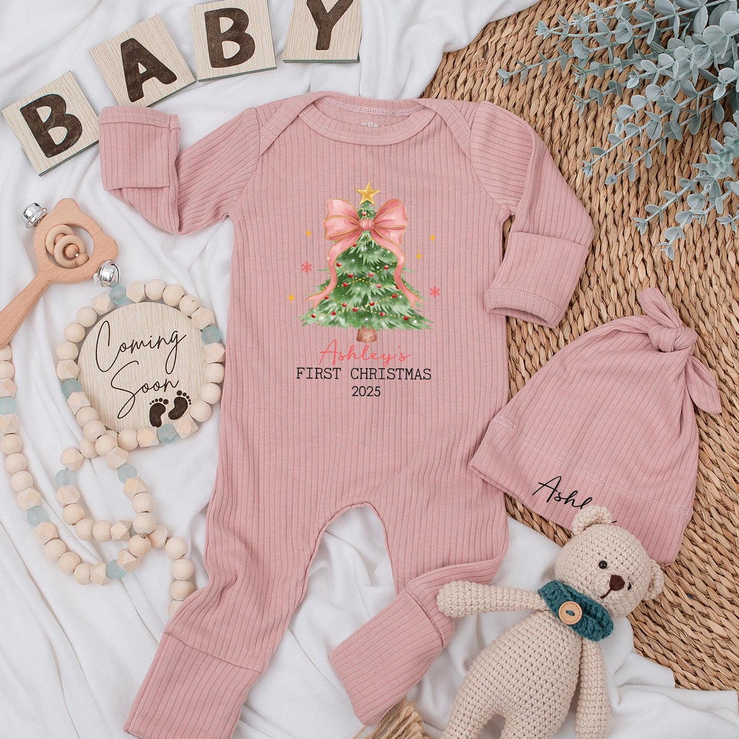 Personalized First Christmas Baby Bodysuit Ashley's 2025, Xmas Tree Outfit with Pink Bow Newborn Gift, My 1st Xmas Clothes Holiday Keepsake 136
