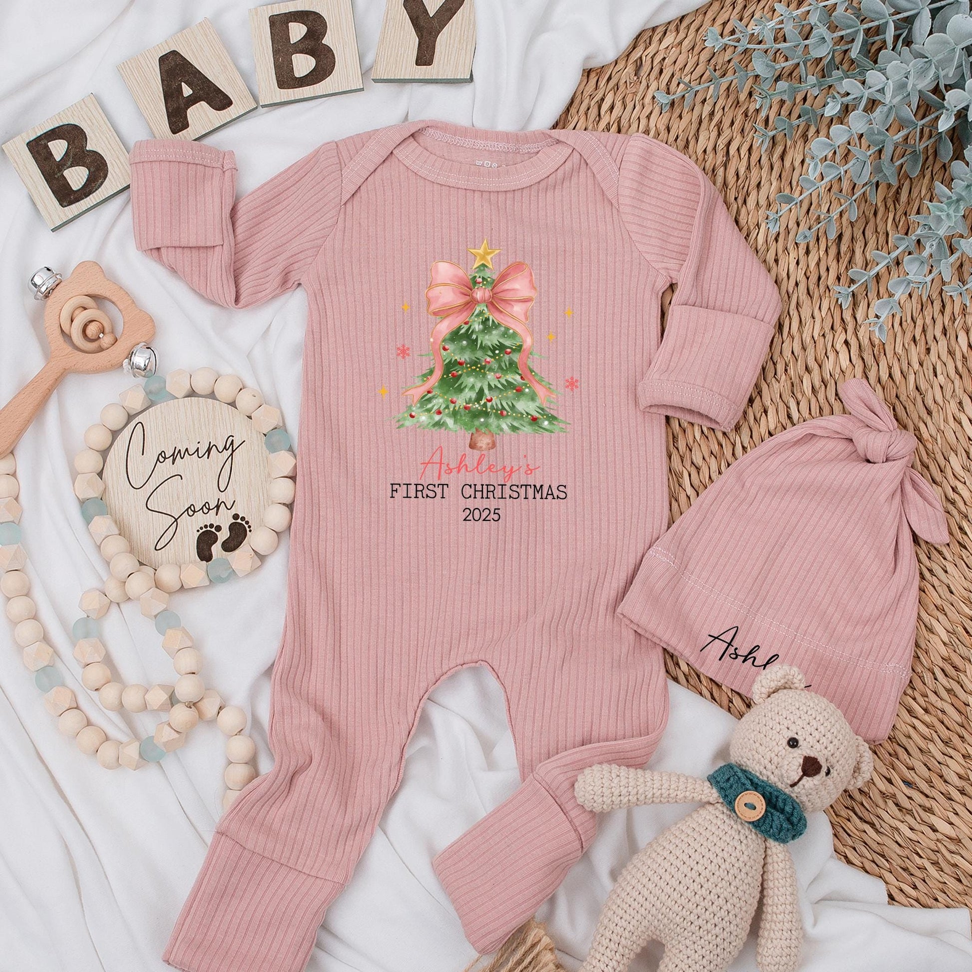Personalized First Christmas Baby Bodysuit Ashley's 2025, Xmas Tree Outfit with Pink Bow Newborn Gift, My 1st Xmas Clothes Holiday Keepsake 136