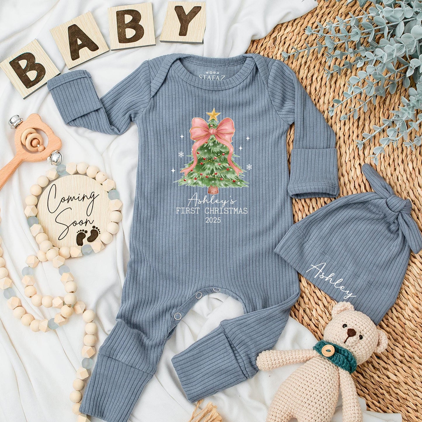 Personalized First Christmas Baby Bodysuit Ashley's 2025, Xmas Tree Outfit with Pink Bow Newborn Gift, My 1st Xmas Clothes Holiday Keepsake 136
