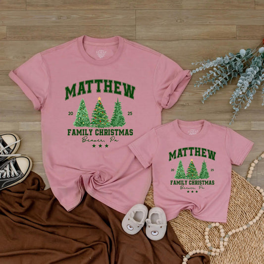 Custom Beaver, PA Family Christmas 2025 Shirt, Green Trees, Last Name, Festive Holiday Tee, Matching Family Vacation Trip, Green Block Letters 20 25