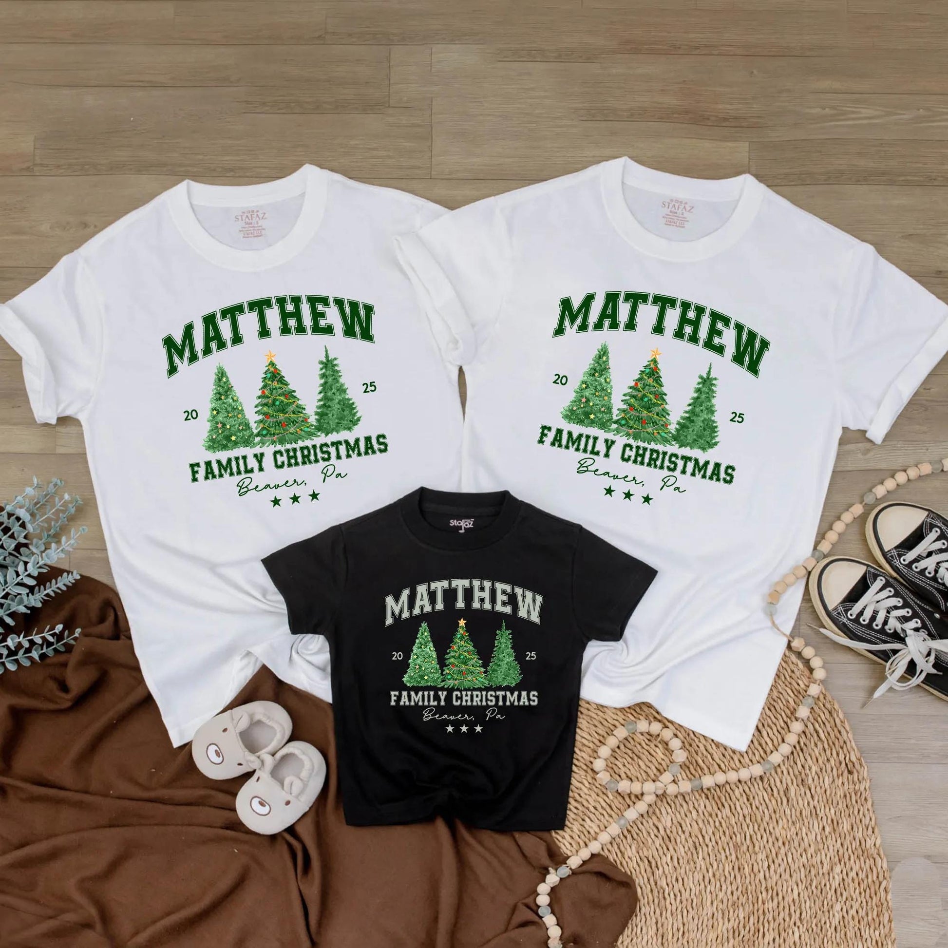 Custom Beaver, PA Family Christmas 2025 Shirt, Green Trees, Last Name, Festive Holiday Tee, Matching Family Vacation Trip, Green Block Letters 20 25