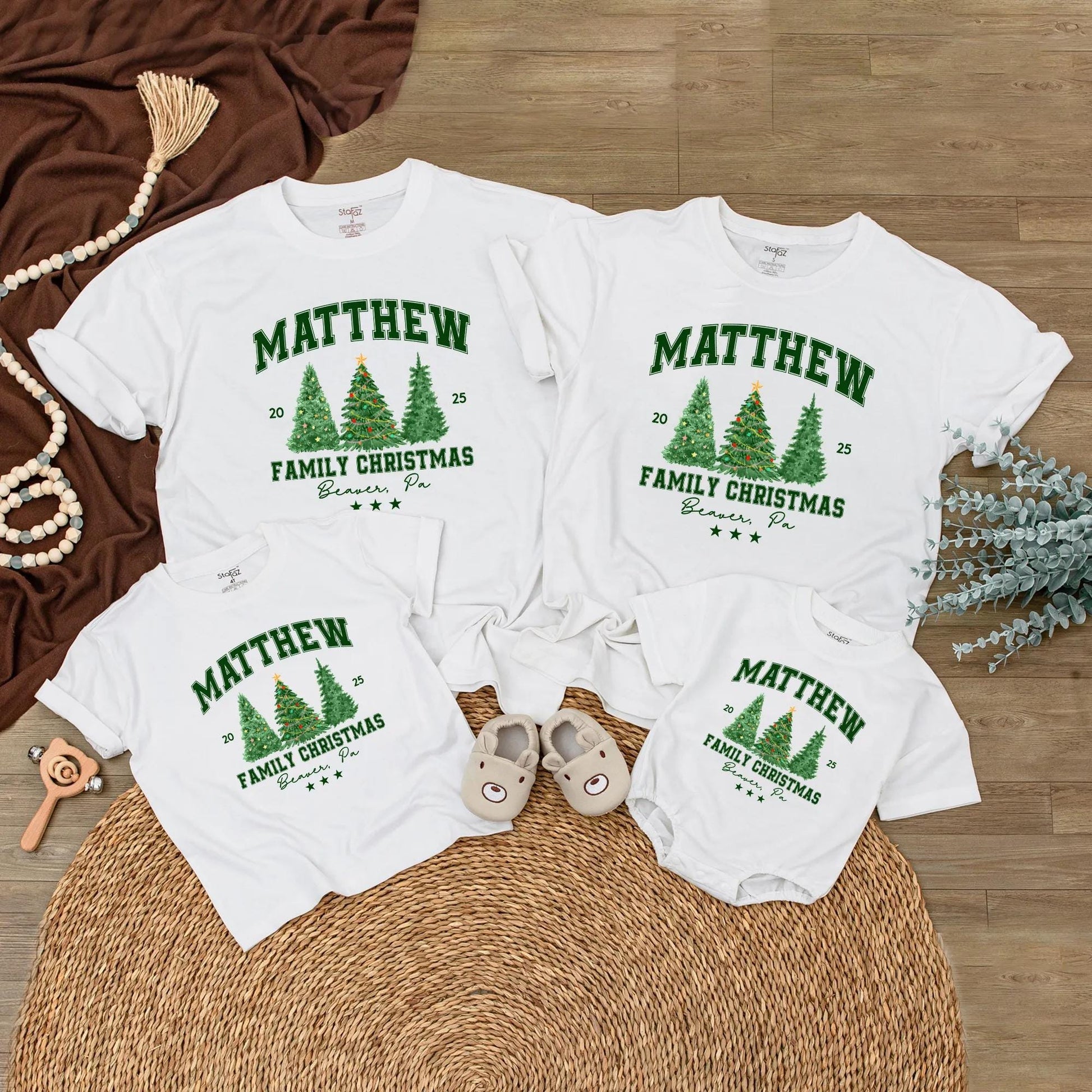 Custom Beaver, PA Family Christmas 2025 Shirt, Green Trees, Last Name, Festive Holiday Tee, Matching Family Vacation Trip, Green Block Letters 20 25