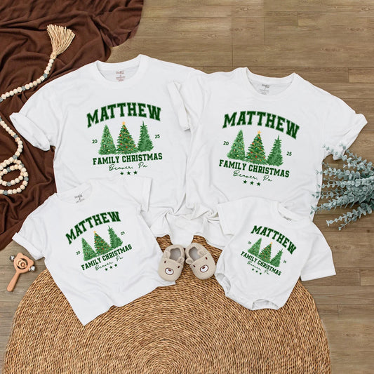 Custom Beaver, PA Family Christmas 2025 Shirt, Green Trees, Last Name, Festive Holiday Tee, Matching Family Vacation Trip, Green Block Letters 20 25
