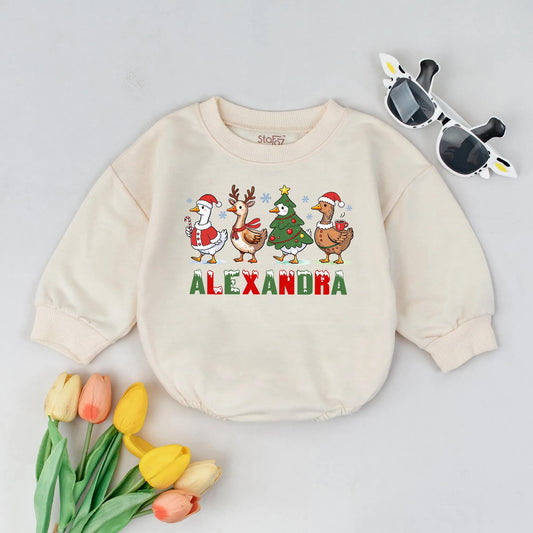 Personalized Christmas Goose Baby Romper with Name Cute Festive Winter Outfit First Xmas Bodysuit Gift featuring Santa Reindeer Tree Snowflakes for Infants