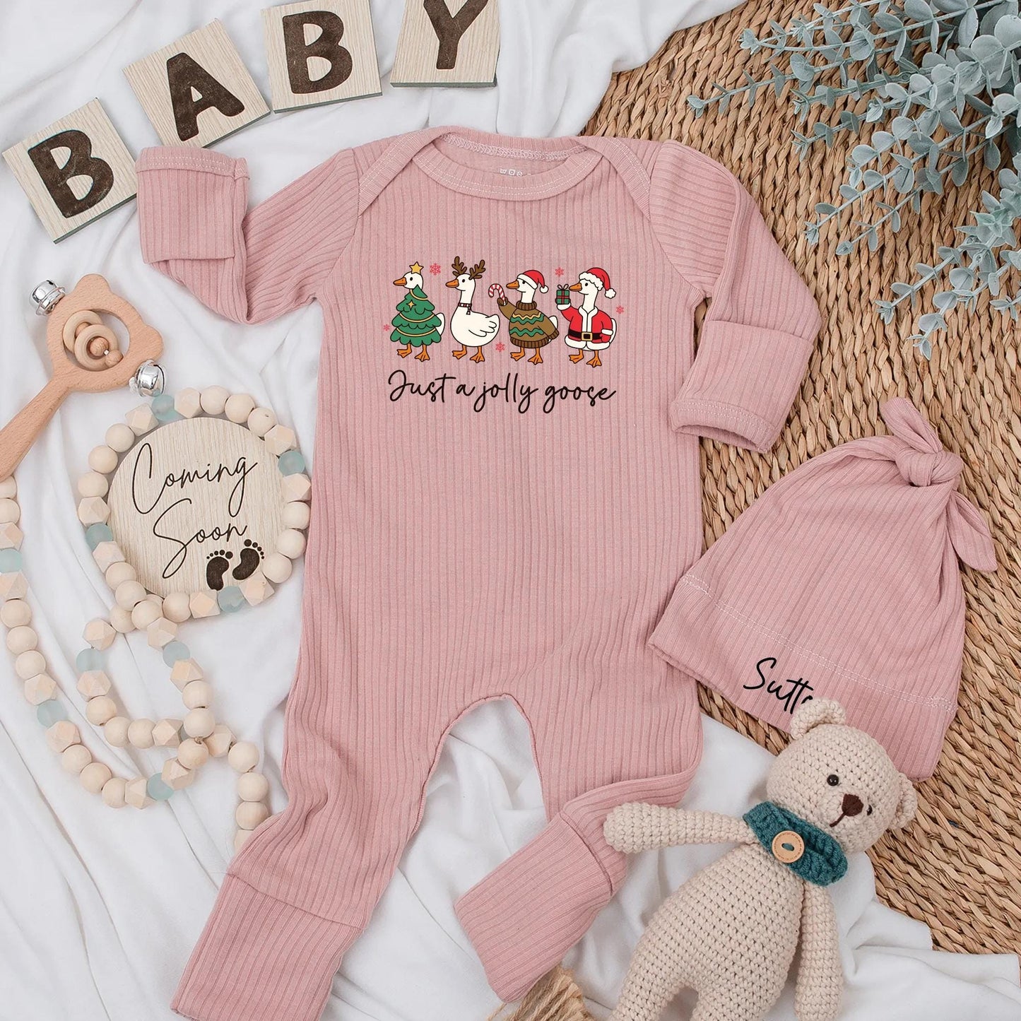 Just a Jolly Goose Baby Bodysuit: Cute Christmas Outfit for Newborns! Reindeer & Santa Geese Design Baby Shower Gift for First Christmas (139 chars)