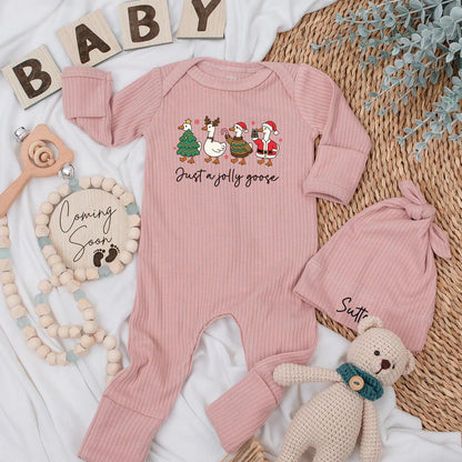 Just a Jolly Goose Baby Bodysuit: Cute Christmas Outfit for Newborns! Reindeer & Santa Geese Design Baby Shower Gift for First Christmas (139 chars)