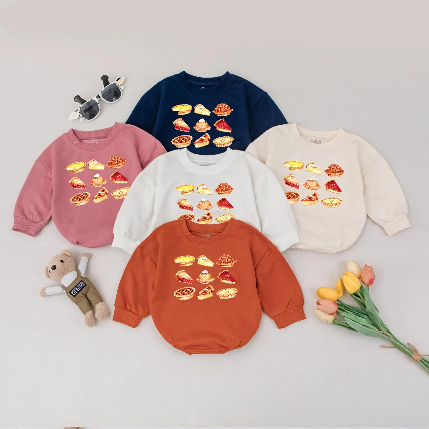 Sweet Pumpkin Pie Bubble Romper First Thanksgiving Baby Outfit with whimsical watercolor pie slices newborn infant clothes fall baby shower gift cute coming home outfit