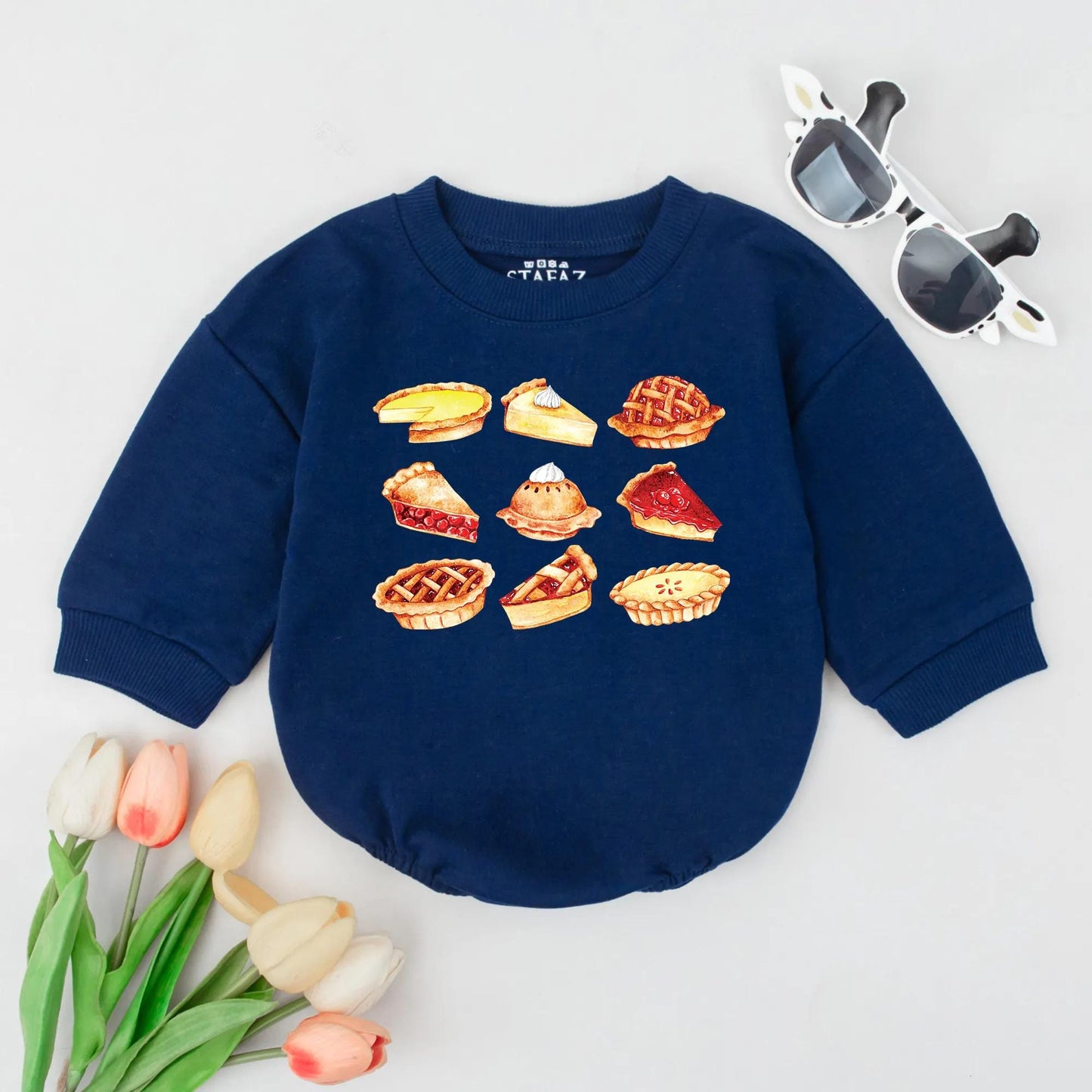 Sweet Pumpkin Pie Bubble Romper First Thanksgiving Baby Outfit with whimsical watercolor pie slices newborn infant clothes fall baby shower gift cute coming home outfit