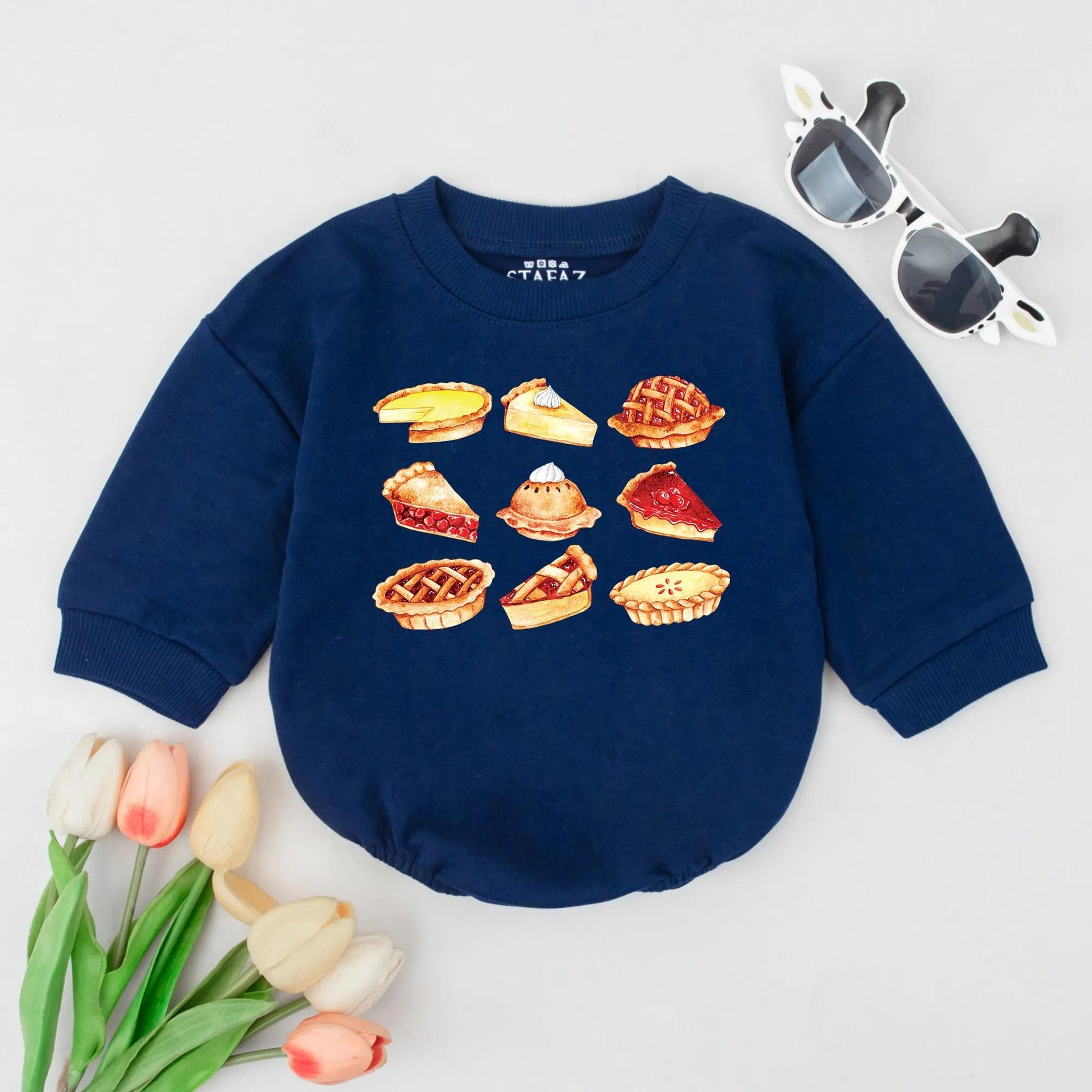 Sweet Pumpkin Pie Bubble Romper First Thanksgiving Baby Outfit with whimsical watercolor pie slices newborn infant clothes fall baby shower gift cute coming home outfit