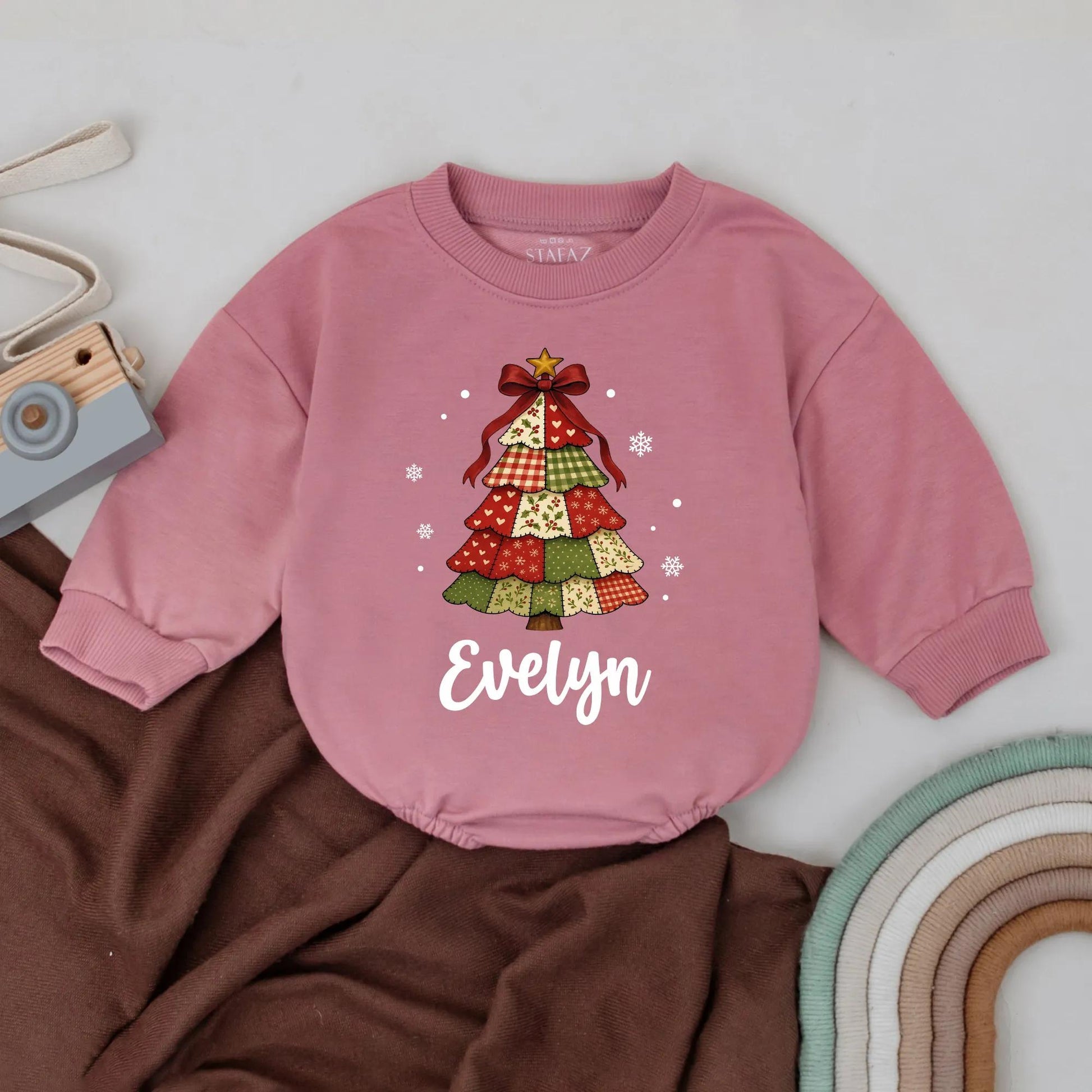 Personalized Baby Christmas Romper: Retro Patchwork Tree "Evelyn" Bodysuit, Vintage Holiday Outfit, Custom Infant Clothes, Coming Home Gift (138 chars)