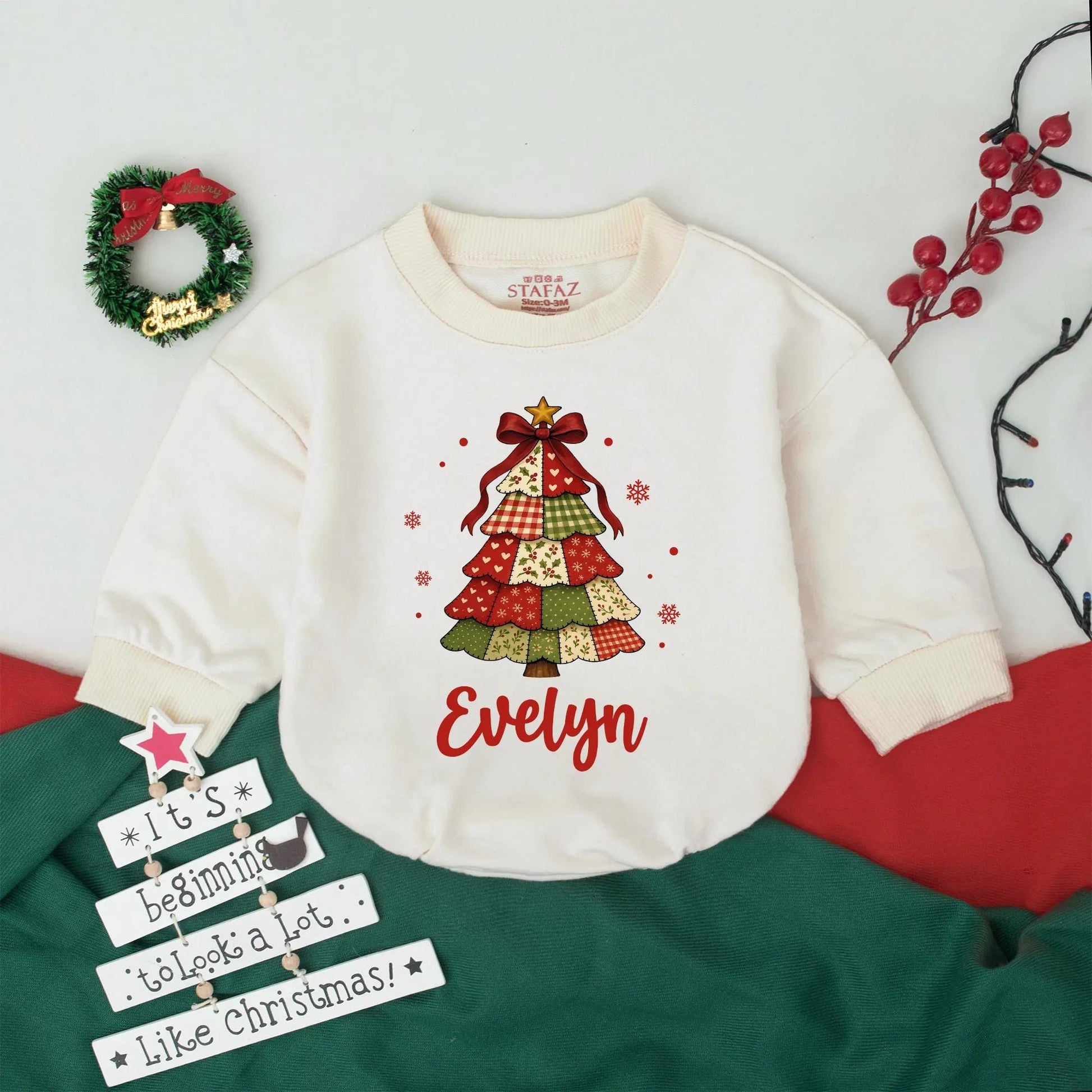 Personalized Baby Christmas Romper: Retro Patchwork Tree "Evelyn" Bodysuit, Vintage Holiday Outfit, Custom Infant Clothes, Coming Home Gift (138 chars)