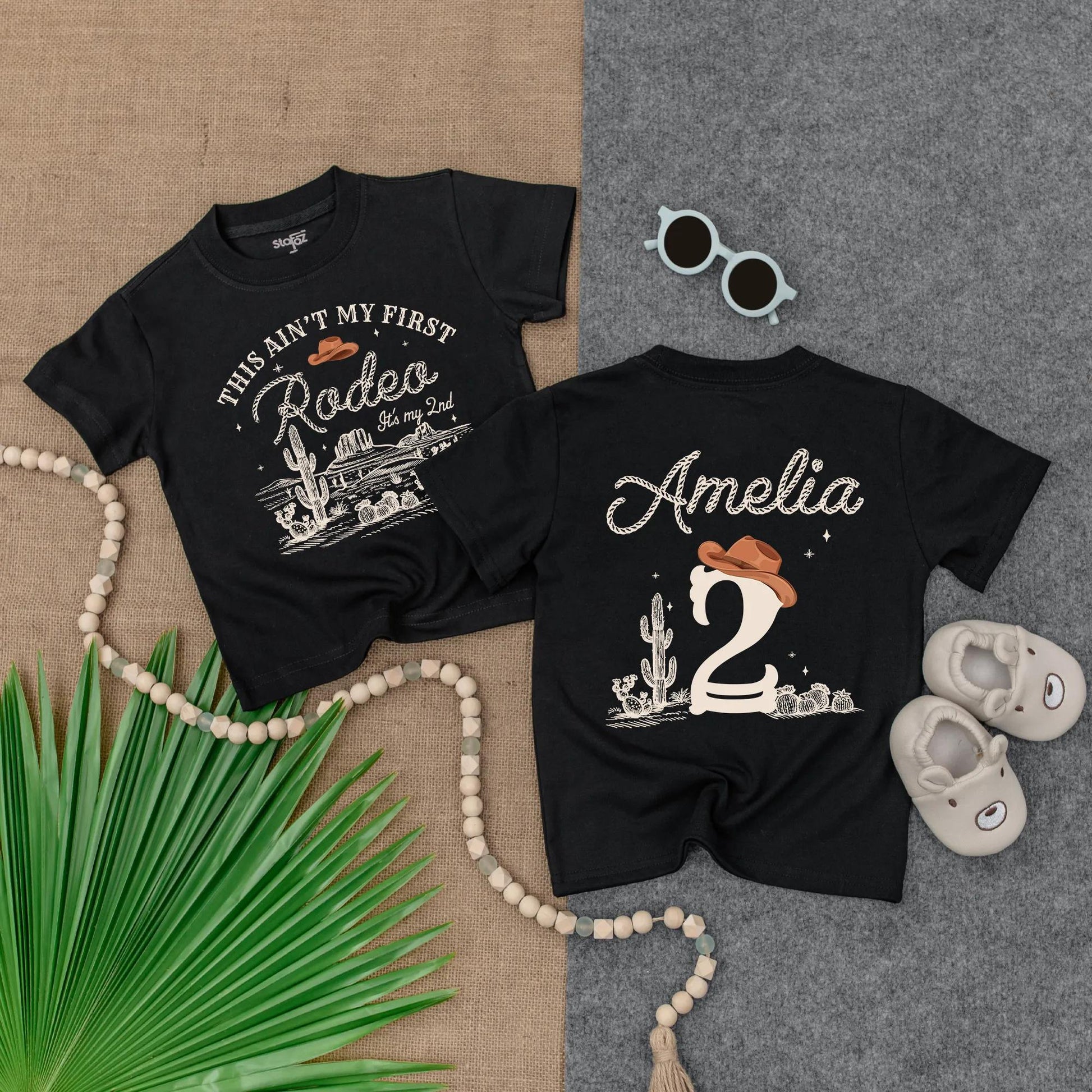 Personalized Western Rodeo 2nd Birthday Toddler Shirt Wild West Cowboy Hat Desert Scene Brown Theme for Boys Girls