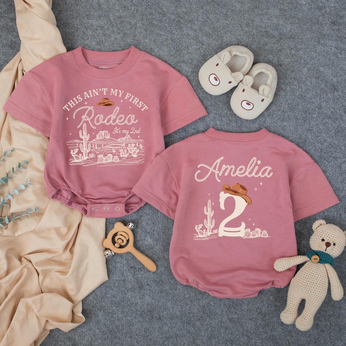 Personalized Western Rodeo 2nd Birthday Toddler Shirt Wild West Cowboy Hat Desert Scene Brown Theme for Boys Girls