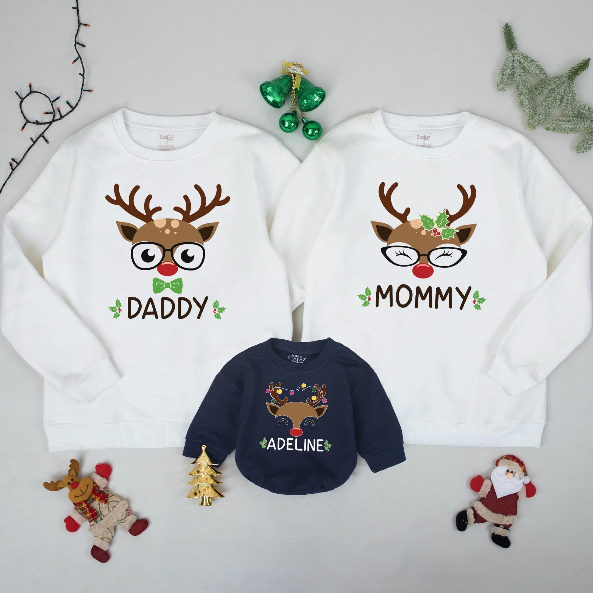 Personalized Reindeer Family Christmas Sweatshirts, Matching Xmas Sweaters for Baby, Toddler, Kids, & Adults, Custom Name Outfits, Festive Deer Apparel