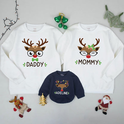Personalized Reindeer Family Christmas Sweatshirts, Matching Xmas Sweaters for Baby, Toddler, Kids, & Adults, Custom Name Outfits, Festive Deer Apparel