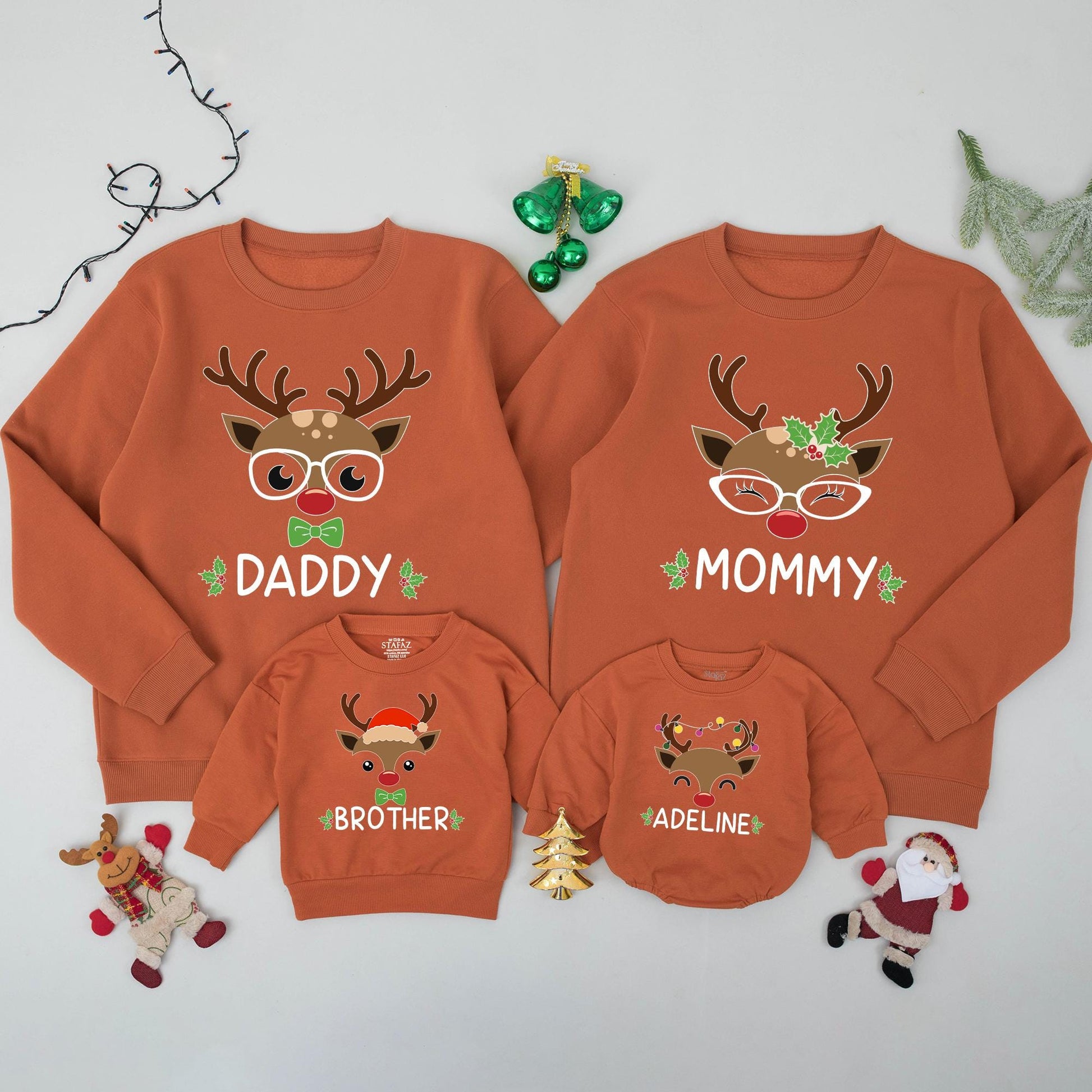 Personalized Reindeer Family Christmas Sweatshirts, Matching Xmas Sweaters for Baby, Toddler, Kids, & Adults, Custom Name Outfits, Festive Deer Apparel