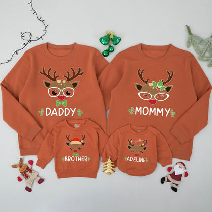 Personalized Reindeer Family Christmas Sweatshirts, Matching Xmas Sweaters for Baby, Toddler, Kids, & Adults, Custom Name Outfits, Festive Deer Apparel