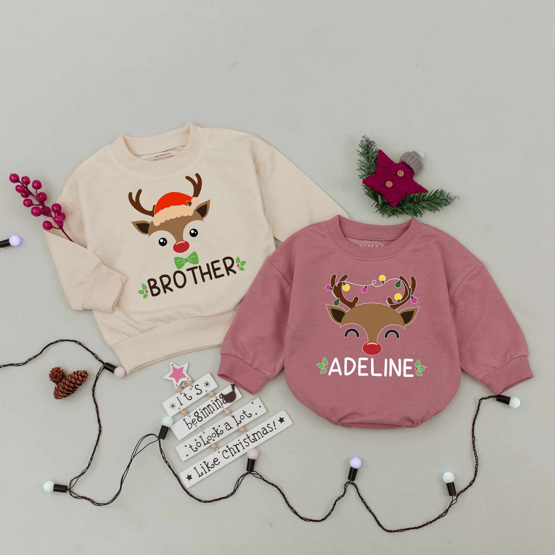 Personalized Reindeer Family Christmas Sweatshirts, Matching Xmas Sweaters for Baby, Toddler, Kids, & Adults, Custom Name Outfits, Festive Deer Apparel