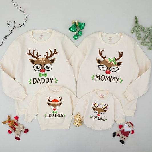 Personalized Reindeer Family Christmas Sweatshirts, Matching Xmas Sweaters for Baby, Toddler, Kids, & Adults, Custom Name Outfits, Festive Deer Apparel
