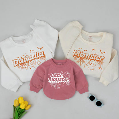 Dadcula Momster Little Monster Matching Halloween Sweatshirts, Playful Family Ghost & Spider Outfits, Cute Cartoon Sweatshirt, Group Halloween Tee, Orange Font