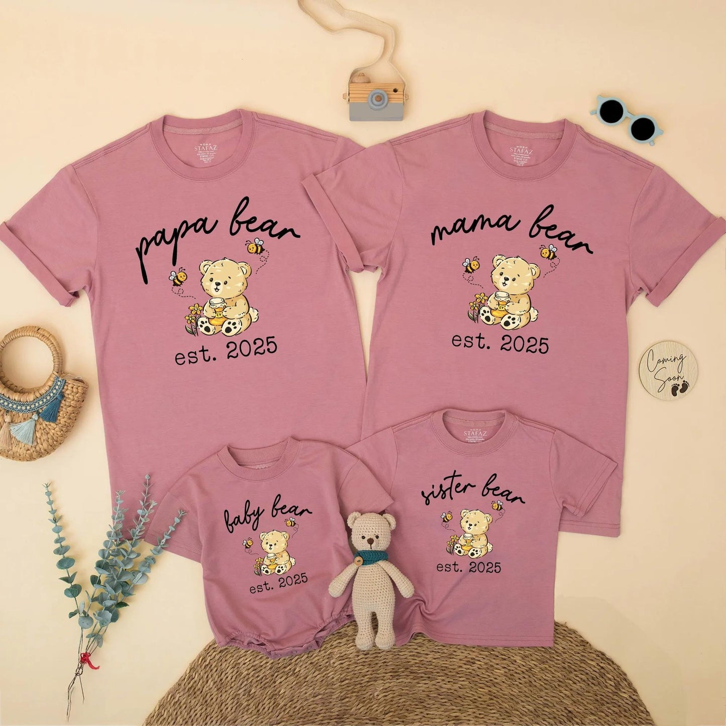 Mama Bear Papa Bear Baby Bear Est Matching Family Shirts Cute Bear Cub Honey Pot Floral Design Personalized Baby Announcement Gift for New Parents 130 Characters