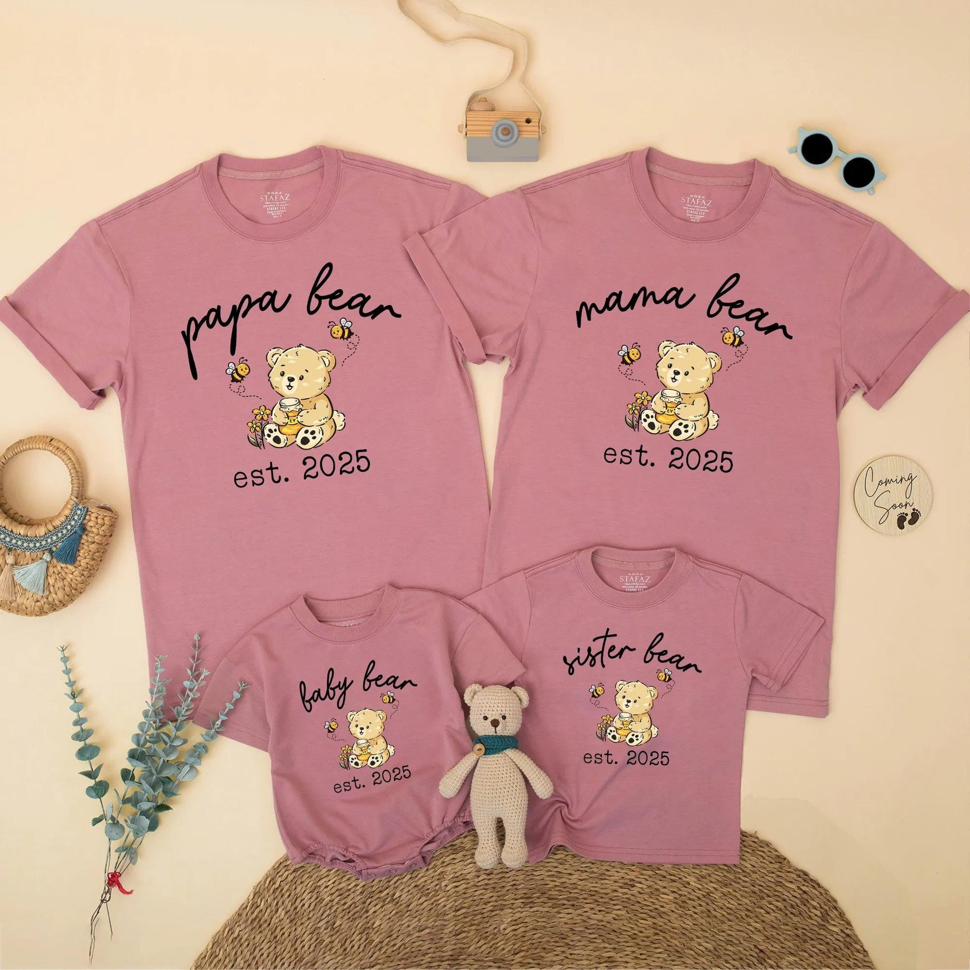 Mama Bear Papa Bear Baby Bear Est Matching Family Shirts Cute Bear Cub Honey Pot Floral Design Personalized Baby Announcement Gift for New Parents 130 Characters