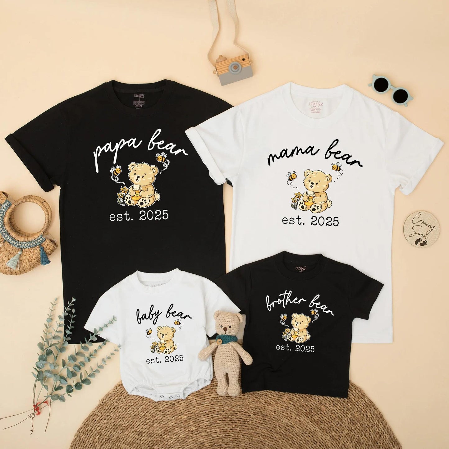 Mama Bear Papa Bear Baby Bear Est Matching Family Shirts Cute Bear Cub Honey Pot Floral Design Personalized Baby Announcement Gift for New Parents 130 Characters