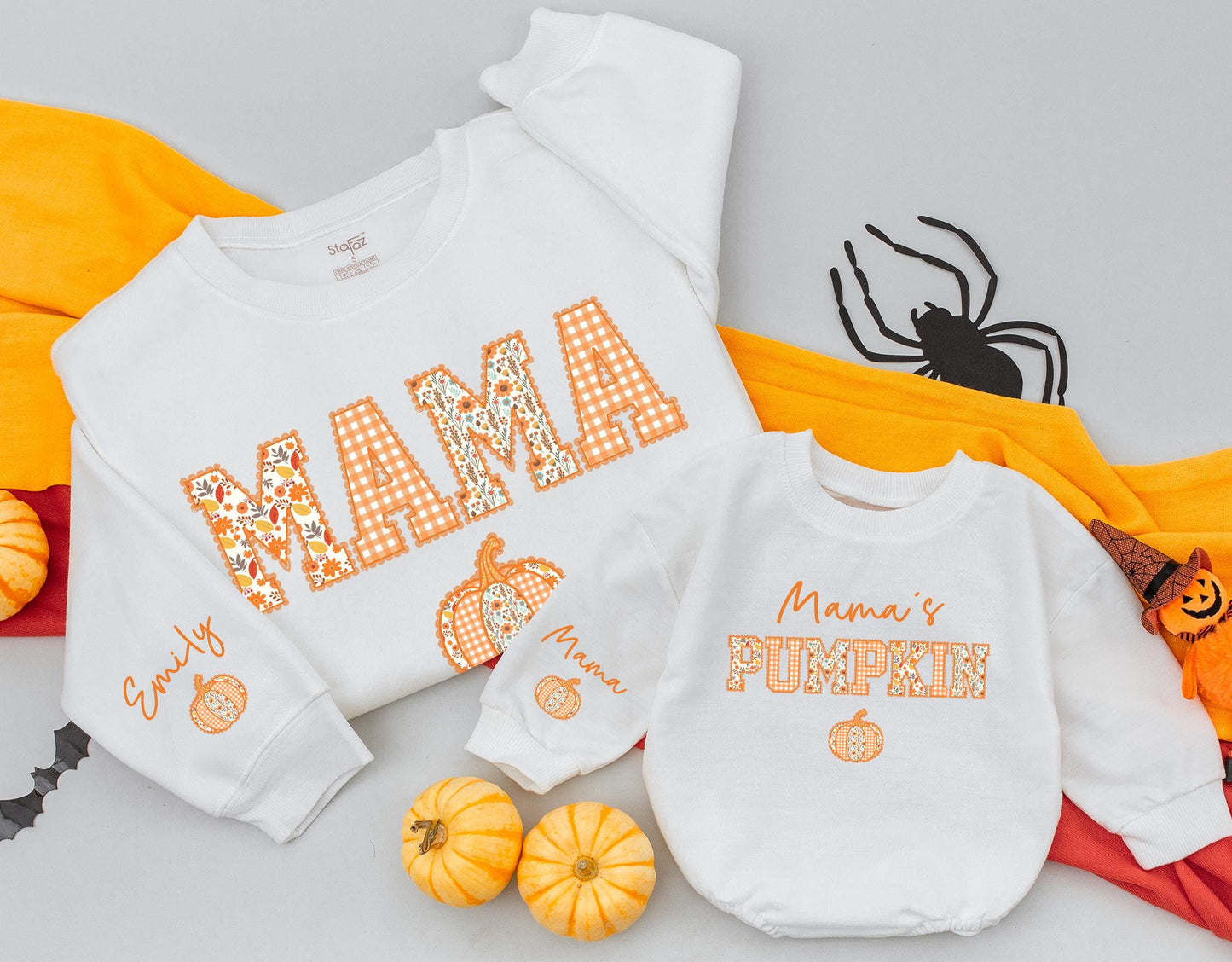 Cozy Fall Mama and Mamas Pumpkin Matching Sweatshirts for Mom and Me Thanksgiving Outfits with Floral Gingham Design and Custom Name Sleeve