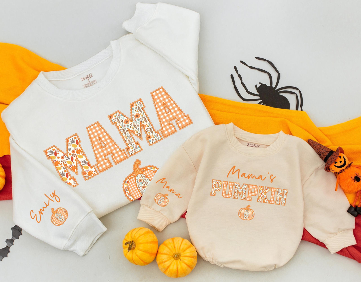 Cozy Fall Mama and Mamas Pumpkin Matching Sweatshirts for Mom and Me Thanksgiving Outfits with Floral Gingham Design and Custom Name Sleeve