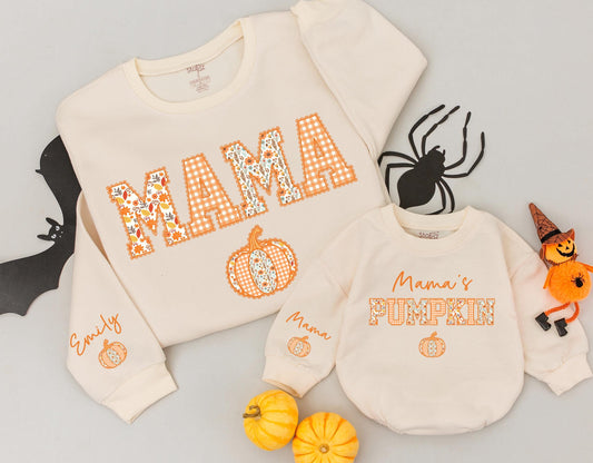 Cozy Fall Mama and Mamas Pumpkin Matching Sweatshirts for Mom and Me Thanksgiving Outfits with Floral Gingham Design and Custom Name Sleeve