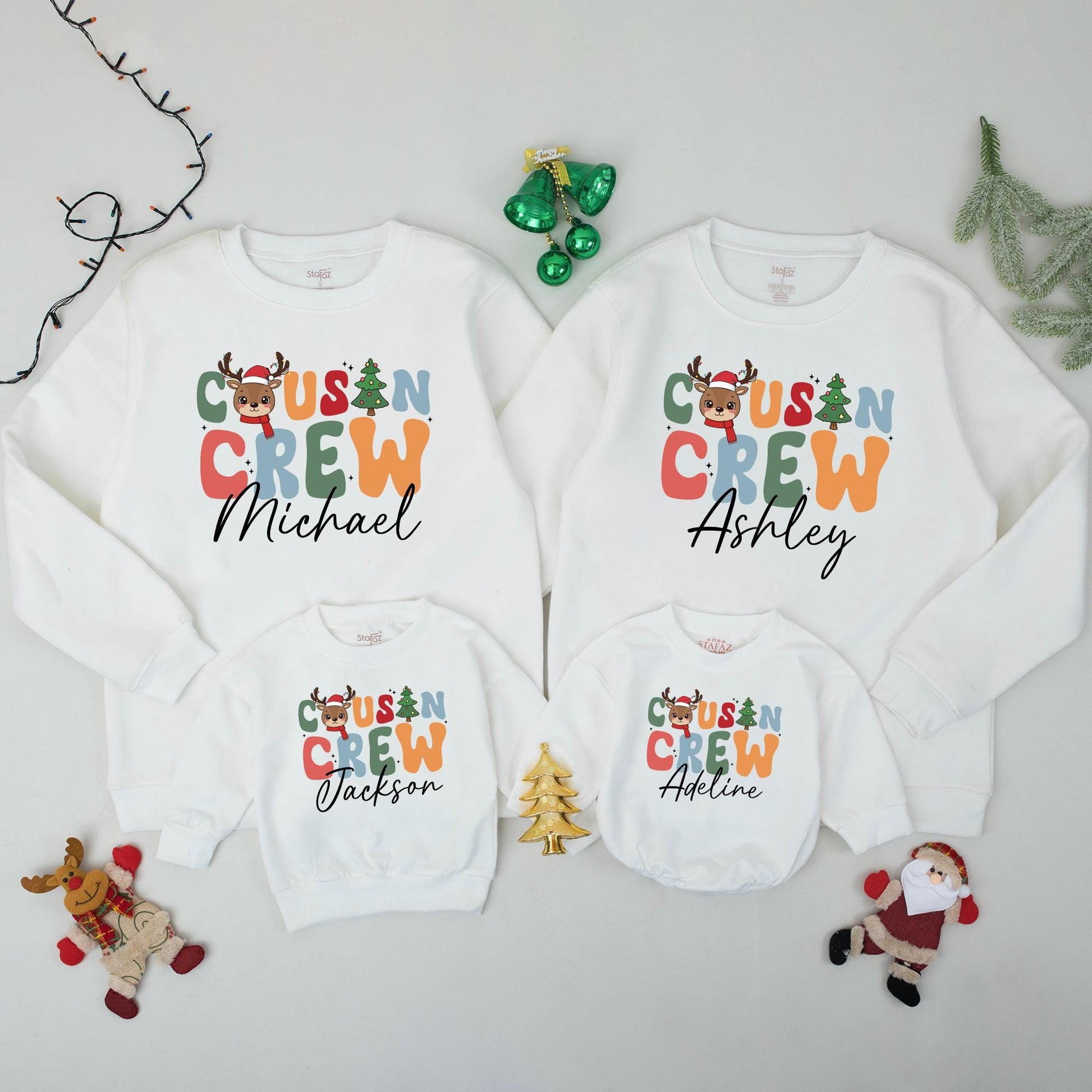 Personalized Cousin Crew Christmas Sweatshirt, Custom Family Xmas Sweaters for Baby's First Holiday, Colorful Reindeer Design, Matching Outfits Name Gift 138
