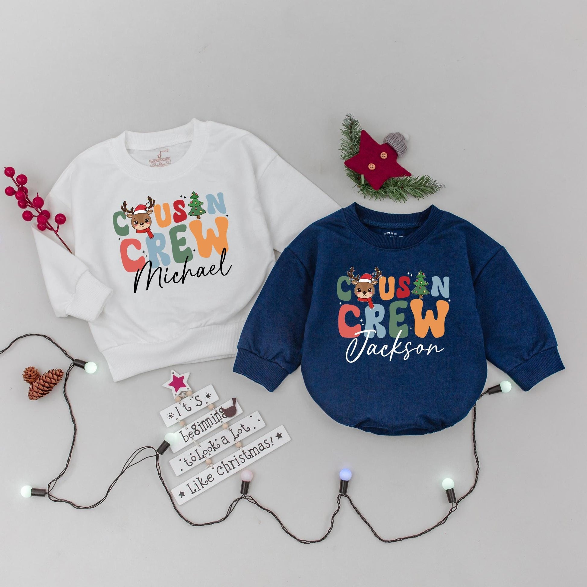 Personalized Cousin Crew Christmas Sweatshirt, Custom Family Xmas Sweaters for Baby's First Holiday, Colorful Reindeer Design, Matching Outfits Name Gift 138
