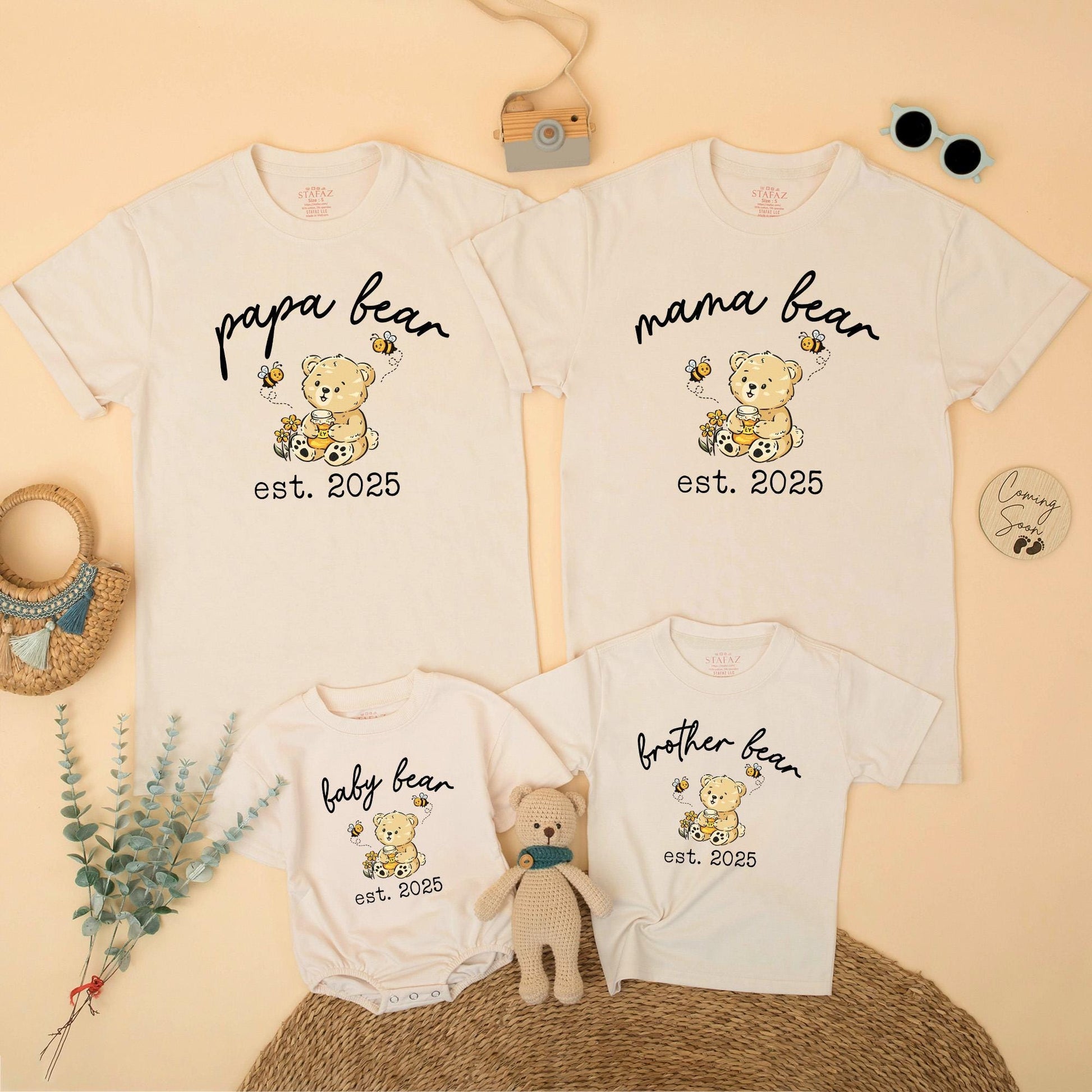 Mama Bear Papa Bear Baby Bear Est Matching Family Shirts Cute Bear Cub Honey Pot Floral Design Personalized Baby Announcement Gift for New Parents 130 Characters