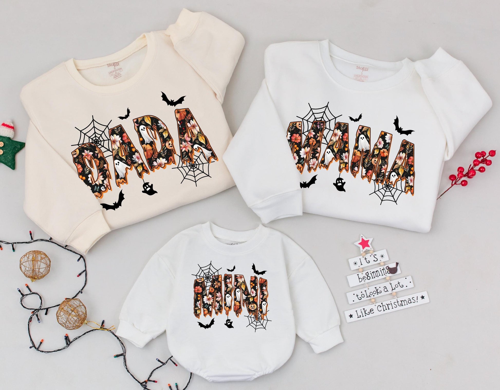 Retro DADA MAMA MINI Floral Halloween Matching Family Sweatshirts Vintage Spooky Cute Fall Outfits Baby's First Halloween