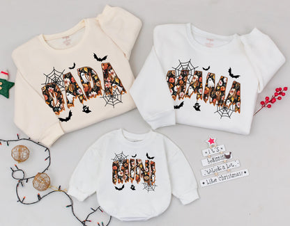 Retro DADA MAMA MINI Floral Halloween Matching Family Sweatshirts Vintage Spooky Cute Fall Outfits Baby's First Halloween