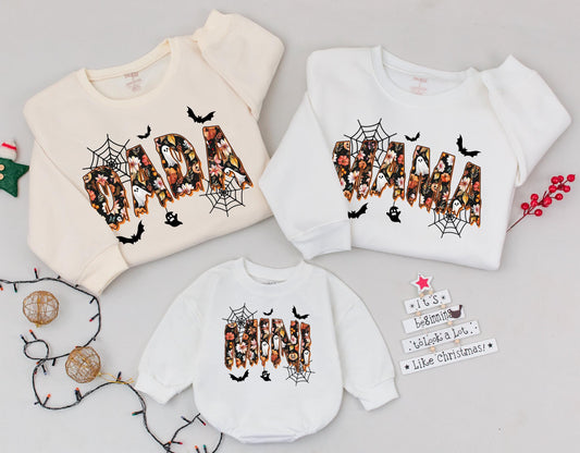 Retro DADA MAMA MINI Floral Halloween Matching Family Sweatshirts Vintage Spooky Cute Fall Outfits Baby's First Halloween