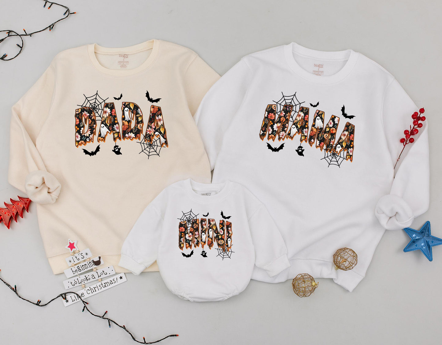 Retro DADA MAMA MINI Floral Halloween Matching Family Sweatshirts Vintage Spooky Cute Fall Outfits Baby's First Halloween