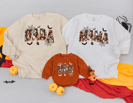 Retro DADA MAMA MINI Floral Halloween Matching Family Sweatshirts Vintage Spooky Cute Fall Outfits Baby's First Halloween