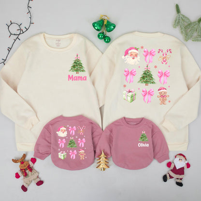 Personalized Mama Christmas Sweatshirt, Matching Xmas Family Outfits, Custom Name Olivia Holiday Sweaters, Pink Green Watercolor Tree, Baby's First Xmas Gift