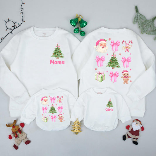 Personalized Mama Christmas Sweatshirt, Matching Xmas Family Outfits, Custom Name Olivia Holiday Sweaters, Pink Green Watercolor Tree, Baby's First Xmas Gift