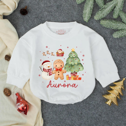 Customized Aurora Watercolor Christmas Bubble Romper Toddler Girl First Christmas Bow Outfit Cute Snowman Gingerbread Gift 130